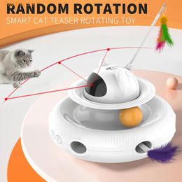 PawPartner Cat Smart Teaser Toy Pet Turntable Catching Training Toys USB Charging 4 IN 1 Kitten Toy with Feather Laser Trackball 240229