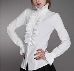 Women's Blouses Shirts Fashion Victorian Blouses Women OL Office Ladies White Shirt High Neck Frill Ruffle Cuffs Shirts Fe BlouseL24312