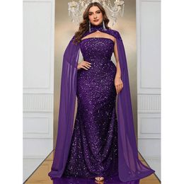 Plus Size Luxurious Strapless Cape Wedding Shiny Long Evening Gown 5XL6XL Big Size Banquet Festive Sequin Prom Dress for Women 240308