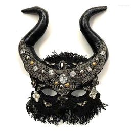 Stage Wear Sparkly Rhinestones Tassel Ox Horn Mask Witch Role Playing Props Halloween Party Cosplay Prom Dancer Performance Accessories