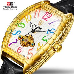 TEVISE Men Square Dial Design Automatic Watch Leather Strap Mechanical Watch Tourbillon Sport Military Clock280s