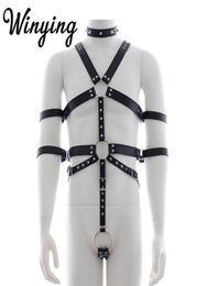 Sexy Men039s PU Leather Full Body Adjustable Harness Belts Restraints Set Male Erotic Straps Gay Costume BDSM Bondage Bras Sets2804126