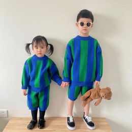 Clothing Sets 2024 Spring Sibling Clothes Set Vertical Stripes Children Outfit Boys And Girls Sweater Middle Pants 2Pcs Suit