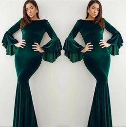 2019 Velvet Dark Green Evening Dress Elegant Arabic Dubai Flare Long Sleeves Holiday Women Wear Formal Party Prom Gown Custom Made7493706