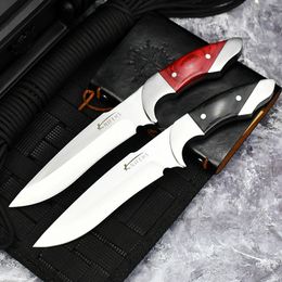 High Quality A5029 High Quality Straight Hunting Knife 440C Satin Blade Full Tang Wood with Steel Handle Outdoor Camping Hiking Survival Knives with Leather Sheath