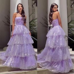 Sparkly Purple Quinceanera Prom Dresses Strapless Tier Sequin Graduation Dress Ruffles Layered Puffy Birthday Photography Wears