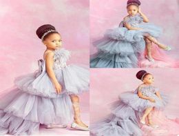 Luxury ICe Blue Flower Girls Dresses Lace Appliques Feather Tiered Kids Formal Wear Backless Birthday Toddler Pageant Gowns Custom8910695