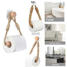 Toilet Paper Holders Toilet Wall Mount Beech Wood Roll Paper Holder Hanging Natural Rope Bathroom Vintage Decor Wall-Mounted Towel Rack 240313