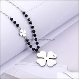 Pendant Necklaces Stainless Steel Four Leaf Clover Necklace For Women Black Crystal Long Sweater Party Fashion Jewelry Design Drop D Otnas