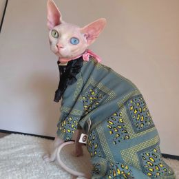 Clothing Cotton Jumpsuit for Sphynx Cat,Vintage Green Long Sleeves Coat For Devon Rex, Cat Clothing,Soft Cartoon Loungewear For Puppies