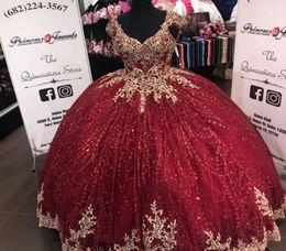 BlingBling Gold Embroidery Lace 2022 Burgundy Quinceanera Prom Dresses Short Sleeves Applique Sequins Sweet 16 Dress Vestidos 15 A5793314