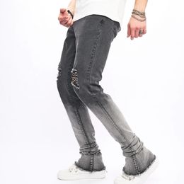 Fashion Gradient Colour Men High Street Holes Slim Stretch Jeans Male Ripped Distressed Micro flared Denim Pants Mens Trousers 240305