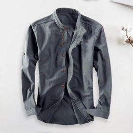 Men's Casual Shirts Solid Colour Shirt Stylish Stand Collar Cardigan For Fall Winter Soft Warm Retro Slim Fit Mid Length Office Wear Stand-up