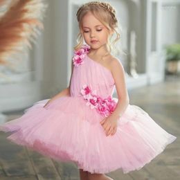 Girl Dresses Cute Flower Puffy Pink Tulle Sleeveless 3D Applique Knee Length For Wedding Birthday Party Princess Ball Gowns
