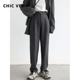 CHIC VEN Simple Casual Women Twill Suit Pants Wide Leg Pants Straight Floor Pants Office Ladies Female Trousers 240309