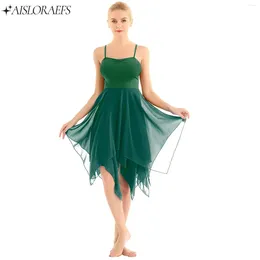 Stage Wear Women Lyrical Contemporary Dance Dress Spaghetti Strap Sleeveless Chiffon Solid Colour Ballet Gymnastic Performance Costume