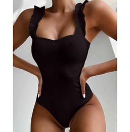 Vintage Swimsuit Women One Piece Ruffle Strap Swimwear Female Push Up Monokini Padded Beach Bathing Suits Black Bodysuits 2104076338492