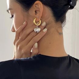 Uttalande minimalist 14k gult guld blandat fast hjärta hängande hoop örhängen street stil koreanska modesmycken