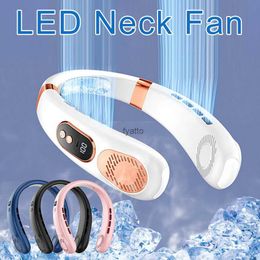 Electric Fans Portable neck fan LED digital display without leaves silent mini electric USB charging 5-speed cooler with ambient lightH240313