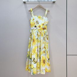 European fashion brand cotton yellow floral printed gathered waist slip dress