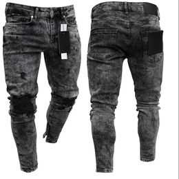 Biker Jeans Mens Distressed Stretch Ripped Biker Jeans Men Hip Hop Slim Fit Holes Punk Jeans Zipper Pure Colour Denim Pants240313