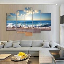 5pcs set Unframed Beach Waves Sunrise Seascape Painting Wall Art Oil Painting On Canvas Textured Picture Living Room Home Decor269B