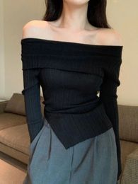 Deeptown Korean Fashion Black Knitted Sweater Women Harajuku Sexy Slim Off Shoulder Jumper Elegant Casual Crop Tops Streetwear240313