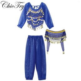 Stage Wear Kids Girls Belly Dance Costume India Arabian Princess Cosplay Outfit Crop Top Pants Tassels Chain Hip Scarf Performance