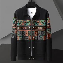 High quality ethnic style lapel knit jacket mens brand fashion jacquard pocket sweater cardigan spring and autumn casual coat 240229