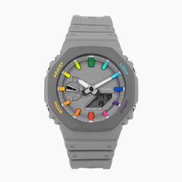 Men's Sports Rainbow Grey Digital Quartz 2100 Watch World Time Full Featured Waterproof LED Automatic Hand Raising Light Oak Series