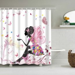 Curtains Pink Flower Butterfly Girls Shower Curtains Bathroom Curtain Fabric Waterprood Polyester For Bath Decor Bath Curtain With Hooks