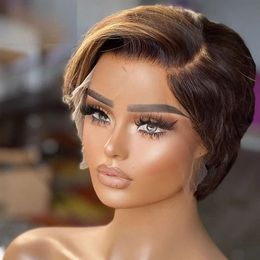 Highlight Pixie Cut Wig Short Bob Wig Straight Human Hair Wigs for Women Side Part Transparent Lace Wig Natural Pre Plucked 180%