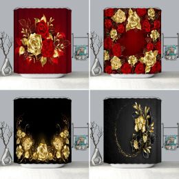 Curtains Shiny Red Golden Rose Waterproof Shower Curtain,Home Bathroom Curtain Christmas Decor Fabric Floral Bath Curtain with 12 Hooks