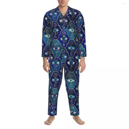 Men's Sleepwear Pajamas Men Evil Eye Charm Sleep Nightwear Greek Amulet Print Two Piece Casual Set Long Sleeve Oversized Home Suit