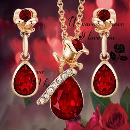 Fashion Ruby Rose Flower and Droplet Shape Pendant 14K Gold Necklace Earrings Set for Women Banquet Wedding Anniversary Jewellery Set Gift