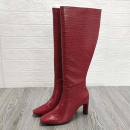 Boots Crocodile Pattern PU Leather For Women European And American Fashion Square Toe High Heels Thick Long La