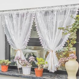 Curtains White Lace Sheer Short Curtains for Kitchen Cafe Dinning Vintage Delicate Floral Knitted Valance Tier Drapes,2PCS White