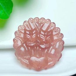 Decorative Figurines 48mm Hand Carved Pretty Natural Red Strawberry Quartz Crystal Healing Nine Tailed Carving Plate For Jewelry Gift