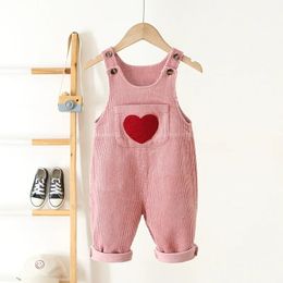 Spring 14Y Toddler Baby Boys Girls Solid Corduroy Suspender Overalls Heart Pattern Kids Playsuit Jumpsuit Clothes Romper 240307