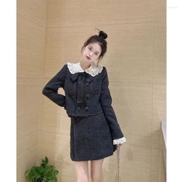 Work Dresses French Sweet Doll Neck Coat Skirt Two Piece Set Women Fashion Double Breasted Lace Splice Temperament Chic Slim Spring Suit