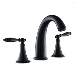 Bathroom Sink Faucets Black Painting Solid Brass Basin &Cold Water Mixer Tap 3 Pcs Dual Handles Deck Mounted Faucet