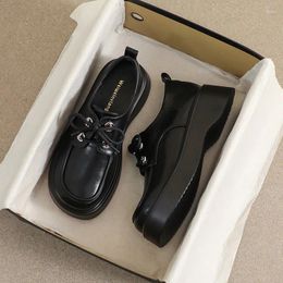 Dress Shoes 2024 Spring And Autumn Women's Black Leather British Style Work Lace Up Thick Sole Ladies Casual Loafers