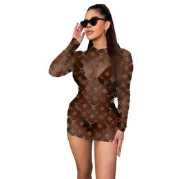 New Women's Dress Designer Luxury Brand Sexy Fit Height Elastic Round Neck Long Sleeve Perspective Mesh Wrapped Hip Midskirt D6669