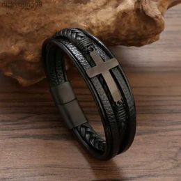 Bangle High Quality Cross Stainless Steel Leather Bracelet Charm Magnetic Men Bracelet Genuine Braided Punk Rock Bangles Jewellery GiftL2403