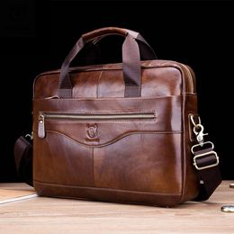 Business Briefcase Shoulder Messenger Bags Mens Genuine Leather 14inch Laptop Office Handbag 240313