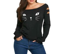 2018 Women Spring Blouses Tunic Cat Print Off Shoulder Long Sleeve Tops Hollow Out Tee Shirt Women Clothing Blusas Feminina1810430
