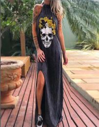 2020 Punk Style Loose Summer Dress Women Skull Flower Print Sleeveless Long Dress Female Sexy High Slit Maxi Dress Vestidos 3XL7763288