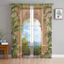 Curtains Arch Flowers Sea Printed Curtains Drape Sheer Tulle Home Decoration Living Room Bedroom Cortinas Chiffon Window Curtains