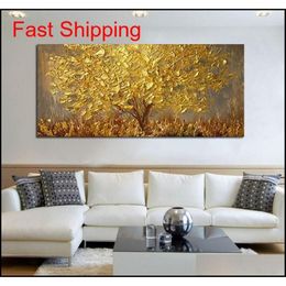 Large Hand-painted LNIFE Trees Oil Painting On Canvas Palette Golden Yellow Paintings Modern Abstract Wall Art qyliEa packing2010236E