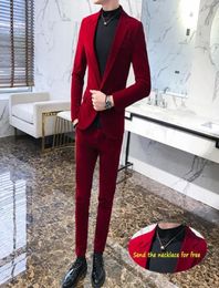Elegant Wine Red Suits Mens Velvet Luxury Suits For Mens Groom Wedding Velour Suits Gentlemen Dress 2 pcs Flannel Green Burgundy 21834118